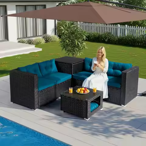 4 Piece Outdoor Wicker Sectional Sofa Set with Hidden Storage Glass Top Coffee Table Backyard Pool G
