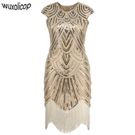 Art Deco Great Gatsby Dress O-Neck Cap Sleeve Vintage Sequin Bead Tassel 1920s Flapper Dress Roaring