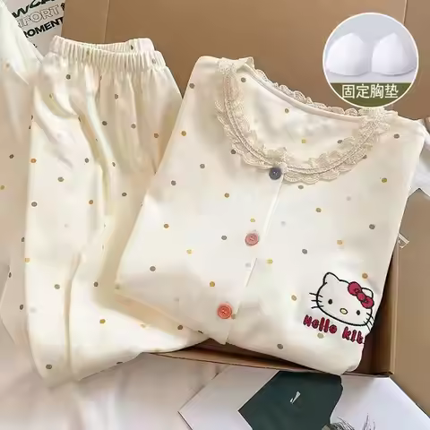 Cotton Pajamas Woman Kawaii Cartoon Nightwear Spring Autumn Pant Long Sleeve Pyjamas Girl Sleepwear 