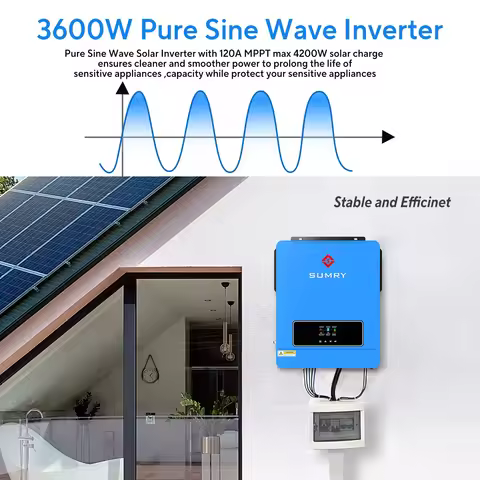 SUMRY 3.6kw Hybrid Solar Inverter 110/120v 24v Dual Output MPPT 120A 60-450v 50/60hz Pure Sine Wave 
