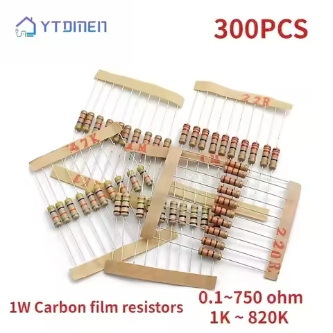 300pcs Resistor Assorted Kit 1W 30 Value*10pcs Carbon Film Kit 0.1R-750R/1K ~ 820K Resistors 5% Resi