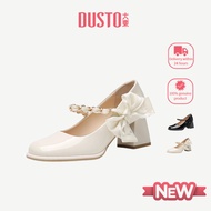 DUSTO Women's High Heels - Thick Heel with Bow & Horizontal Strap, 5.8cm, Elegant Style DW25C0082A