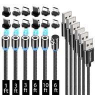 Terasako Magnetic Charging Cable 6-Pack [1ft/3ft/3ft/6ft/6ft/10ft], 3 in 1 Nylon Braided Magnetic Ph