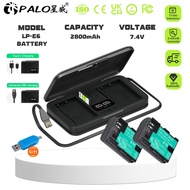 PALO LP-E6 Battery(57*38*21)mm  7.4 V 2850mAh for Canon R5C R5 R6 R 5D 6D 7D+2-Slot LCD Charger Set