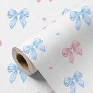 1 Roll 44.5cm/17.5in Wide Cream Base Pink Purple Blue Bow Heart Self-Adhesive Wallpaper, Waterproof 