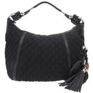 Gucci GG 標誌流蘇竹節單肩包，馬銜扣單肩包，尼龍和皮革材質，黑色，1019 [二手] GUCCI