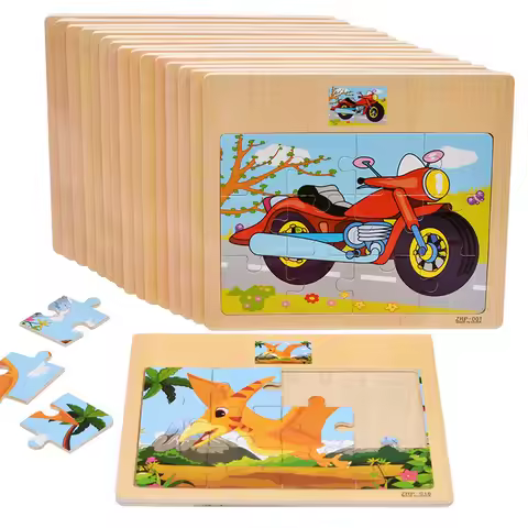 Hot Sale 12/9 PCS Puzzles Wooden Kids Baby Wood Cartoon Vehicle Animals Learning Educational Toys fo