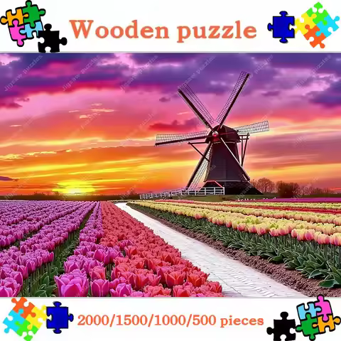 2000/1500/1000/500pcs Large Adult Puzzle - Dutch Windmill and Tulip Garden, 5D/4D/3D/2D Challenge, E