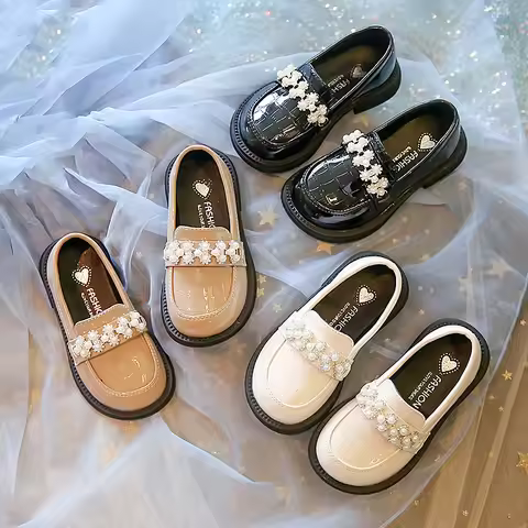 Autumn Girl's Laofers Pearl Morden Three Colors Children Leather Shoes 23-35 Slip-on Round Toe Schoo