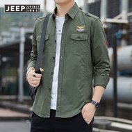 JEEP SPIRIT ในฤดูใบไม้ร่วงผู้ชายเสื้อเชิ้ตแขนยาวทรงสลิมฟิตเสื้อเชิ้ตลายทหารลายลูกไม้สีพื้นลำลองไซส์ใ