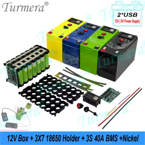 Turmera DIY 12V Battery Box with 3x7 18650 Holder 40A BMS Voltage Capacity Displayer Dual-Channel 2*