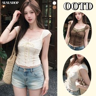 SuSu Women's Sexy Slim Fit Lace Short Sleeve Shirt Korean Style Minimalist Soft And Comfortable Fabr