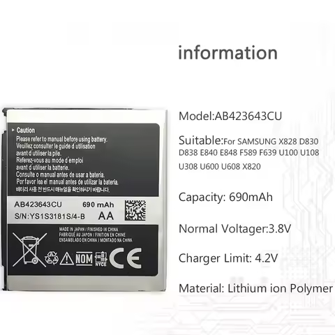 For SAMSUNG X828 D830 D838 E840 E848 F589 F639 U100 U108 U308 U600 U608 X820 Mobile Phone Battery AB