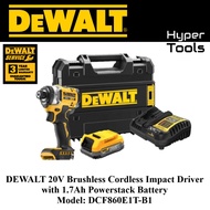 DEWALT 20V Brushless Cordless Impact Driver with 1.7Ah Powerstack Battery - Model: DCF860E1T-B1