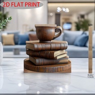 1pc Retro Wooden Book & Coffee Cup Decor - 2D Printed Artistic Ornament For Home And Study, Classic 