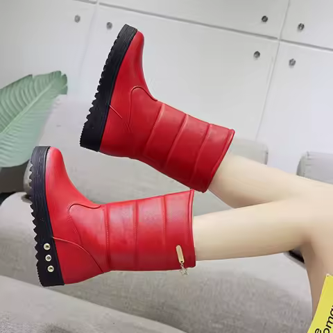 Solid Color Big Red Women's Snow Boots Waterproof Round Toe Half High Y2k Goth New Rock on Offer Pro