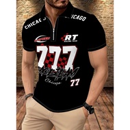 Men Fashion Digital Printed POLO Shirt Chicago Racing Theme Letter Print Casual Lapel Short Sleeve