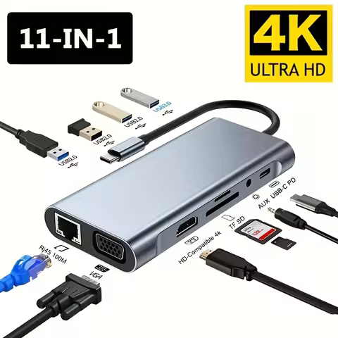 11-in-1 Type-C USB-C Expansion Base, Multi-Port USB-C Hub with Dual HDMI, VGA, PD, Ethernet, 3*USB, 