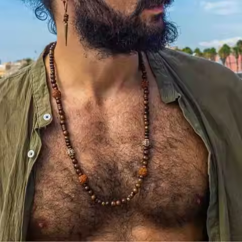 Men's Layered Wood Walnut Bead Necklace European American Style Hiphop Vintage Long Chain Stackable 