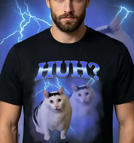 Men'S Funny Huh Silly Cat Meme T-Shirt Bolt Humorous HUH Graphic Tee for Parties Round Neck Shirt fo