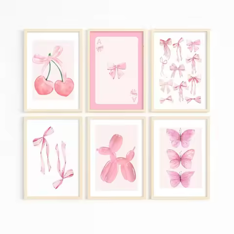 Pink Cherry Balloon Puppy Canvas Print Butterfly Playing Cards A Wall Art Poster for University Apar