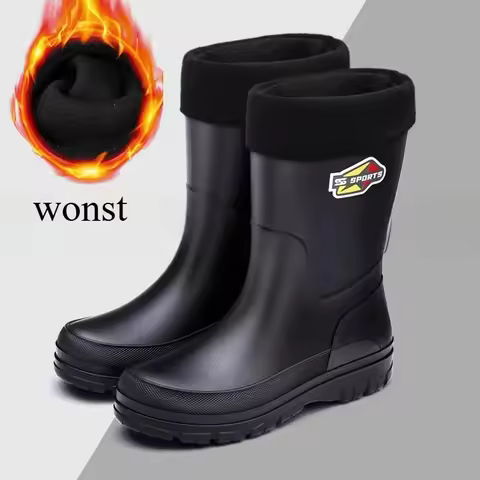 Winter Men's Mid-Calf Rain Boots Pure Black Fishing Boots Slip-Resistant Large Size 30-48 Waterproof