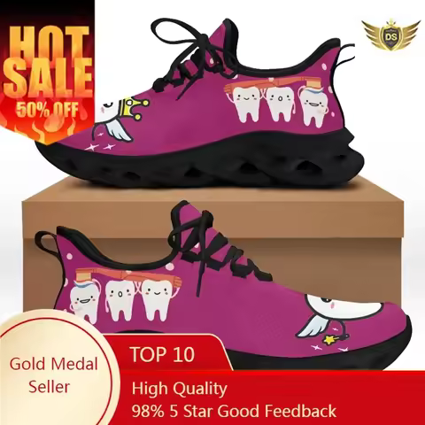 Cute Purple Dentist Nurse Ladies Work Shoes Flats EVA Outsole Athletic Shoes For Ladies Casual Sprin