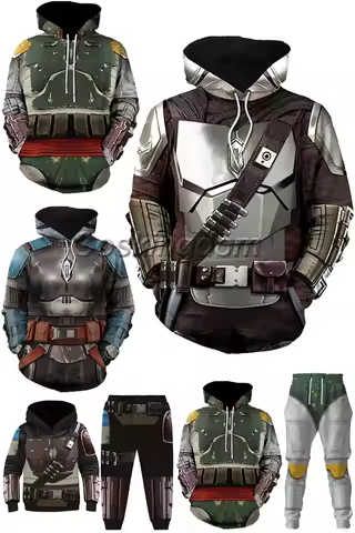 Din Djarin Cosplay Fantasia Adult Kids Battle Armor Printed Hoodie Pant Movie Space Bounty Hunter Co