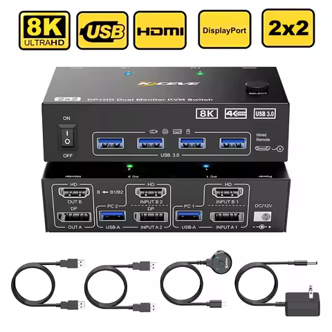 Dual Monitor KVM Switch 2 Port 8K@60Hz 4K@144Hz HDMI-Compatible+DP USB 3.0 Switch Extended Display 2