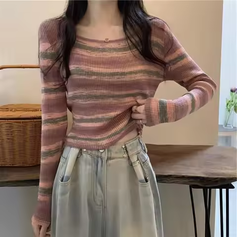 Korean Series Square Collar Knitted Top Women Y2k Clothes 2024 Early Autumn New Gyaru Slim Fit Inner