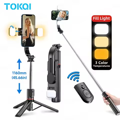 TOKQI L13d Selfie Stick Tripod with Fill Light Wireless Bluetooth, 45.66in Bracket, Portable Tripod 