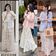 [S2.3093] Set of Loose Formal Shirt with Shrimp Tail Mixed with 2-Layer Long White Lace Skirt (97 cm