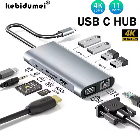 KEBIDUMEI 11 Ports USB C HUB Docking Stations RJ45 Adapter to HDMI-Compatible 4K VGA SD/TF Card 3.5M