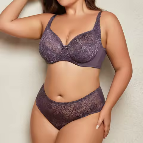 Beauwear 85C-110E Women's Plus Size Lingerie Set Plain Lace Underwear Set Thin Unlined Underwire Bra