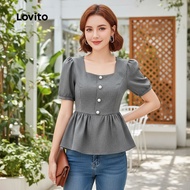 Lovito Blus Elegan dengan Kancing dan Ruffle Hem Tekstur Halus untuk Musim Bunga/Panas Hitam L137ED6