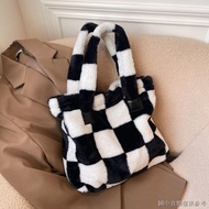 [Furry Bag] [Seckill Style] Furry Computer Bag Female Autumn Winter 2021 Plaid Furry Bag College Stu