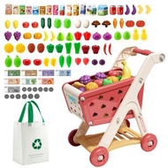 Jovow 98pcs Kids Shopping Cart Trolley Play Set with Pretend Food and Accessories,Perfect for Ages 3+ Pretend Play and Role-Playing Games (Red)