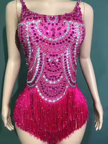 Shiny Rhinestones Birthday Party Dress,Fringed Latin Dance Bodysuit,Bar Dj Rave Outfits,Stage Pole D
