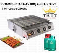 TKTT 4 Burners Stainless Steel Commercial Gas BBQ Stove Grill Stove Infrared Burner Cooker Stove Portable Gas BBQ Stove Low Pressure Gas BBQ Stove Dapur Pembakar Satay Pembakar Ikan Dapur BBQ Serbaguna