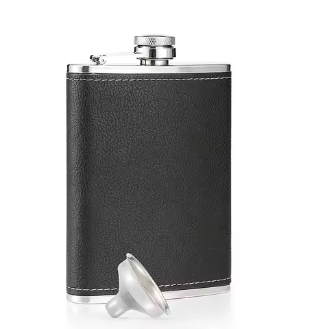 LMETJMA 8 Oz Hip Flask Black Leather Flask Stainless Steel Soft Touch Leather Wrap Flask with 1 Funn