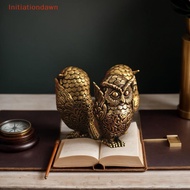 [Initiationdawn] 1Pcs Bookshelf Decoration Vintage Brass Owl Statue Ear Covering Animal Sculpture De