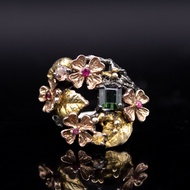 แหวนพลอยของแท้ พลอยกรีนทัวมาลีน (Green Tourmaline) ตัวเรือนเงินแท้ 92.5% ชุบหน้าทองตัวดำ ไซส์นิ้ว 56 หรือเบอร์ 7.5 US สินค้ามีใบรับประกัน