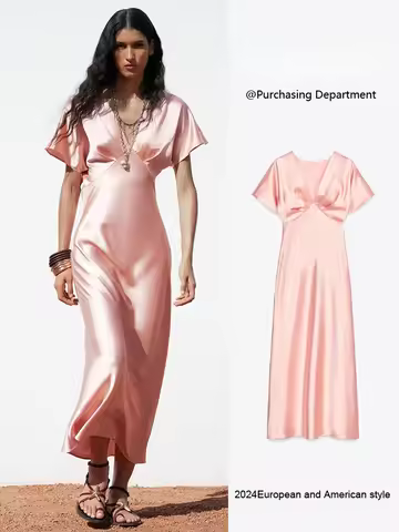 Comfortable Silk Satin Casual ort Sve Midi Dr Women's Spring New Arrival High Waist Soft Index Summe