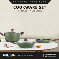 KitchenZ Cookware Set of 5 Non-Stick Cookwares Wok Pan Pot Set German Ernesto 5 Layer with Lids Set 