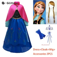 Frozen Anna Princess Dress for Kids Girl Cosplay Costume Kid The Snow Queen Long Sleeve Dresses Cloak Wig Crown Accessories Children Birthday Carnival Party Outfit