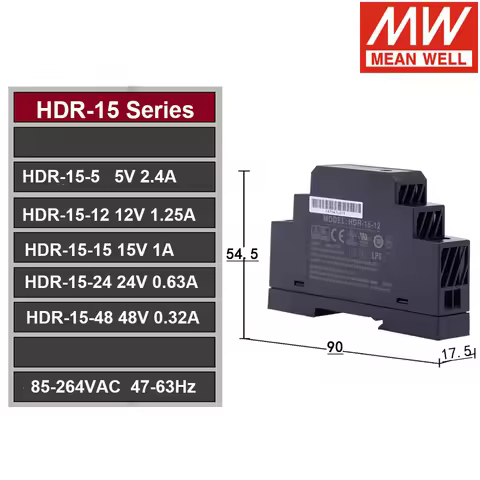Mean Well HDR-15 DIN Rail Power Supply HDR-15-5 12 15 24 48V 15W 85-264VAC AC-DC Ultra Slim Industri