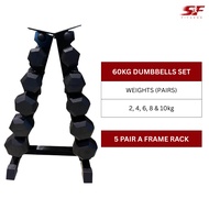 60kg Hex Dumbbell Set with 5 Pair Vertical Rack (2kg to 10kg)