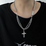 Double Layer Cross Alloy Necklace, Hip Hop Streetwear Unisex Ins Style 47-50cm