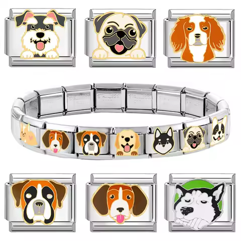Italian Modular Bracelet Cute Pet Dog Charm Connector Fit 9mm Stainless Steel DIY Modular Dog ring B