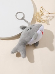 1只卡通鯊魚毛絨娃娃鑰匙扣掛飾軟袋玩具手提包裝飾,灰色